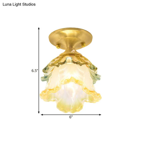 Colorful Ruffle Bloom Glass Ceiling Light With Brass Flush Mount