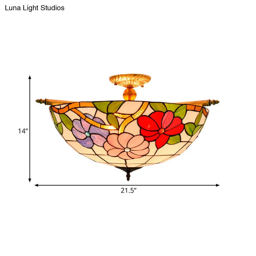 Colorful Stained Glass Flower Ceiling Fixture With 5 Tiffany Style Lights - Pink/Yellow/Blue Semi