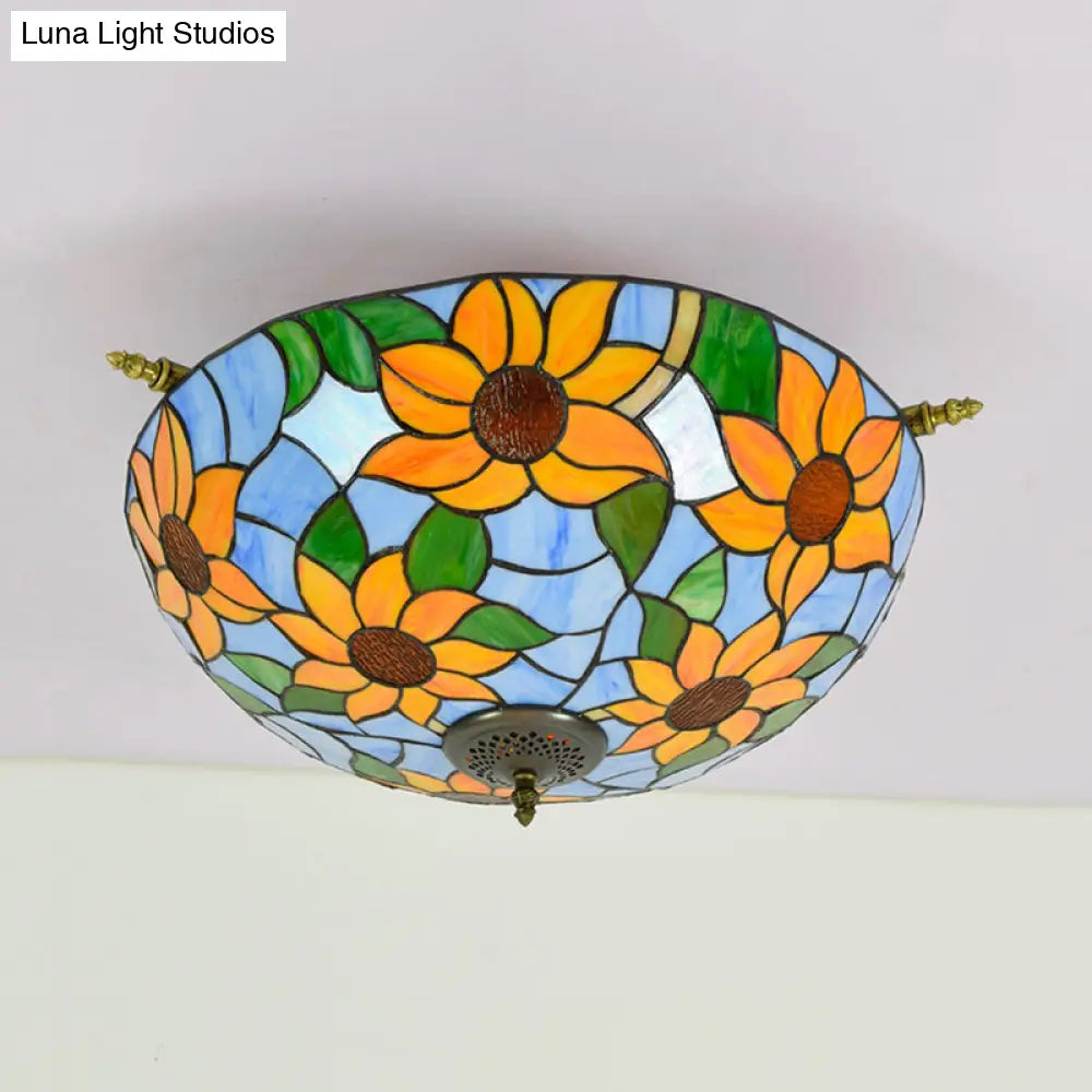 Colorful Stained Glass Flower Ceiling Fixture With 5 Tiffany Style Lights - Pink/Yellow/Blue Semi
