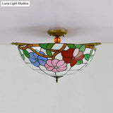 Colorful Stained Glass Flower Ceiling Fixture With 5 Tiffany Style Lights - Pink/Yellow/Blue Semi