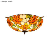 Colorful Stained Glass Flower Ceiling Fixture With 5 Tiffany Style Lights - Pink/Yellow/Blue Semi