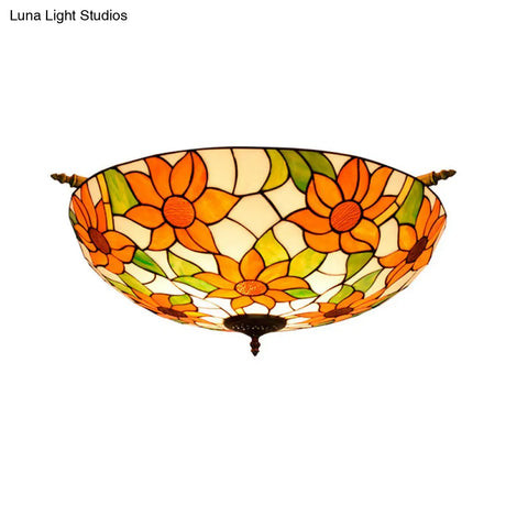Colorful Stained Glass Flower Ceiling Fixture With 5 Tiffany Style Lights - Pink/Yellow/Blue Semi