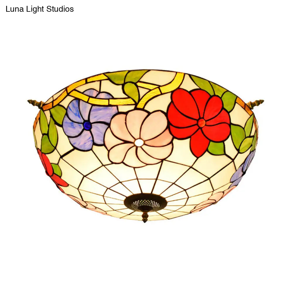 Colorful Stained Glass Flower Ceiling Fixture With 5 Tiffany Style Lights - Pink/Yellow/Blue Semi