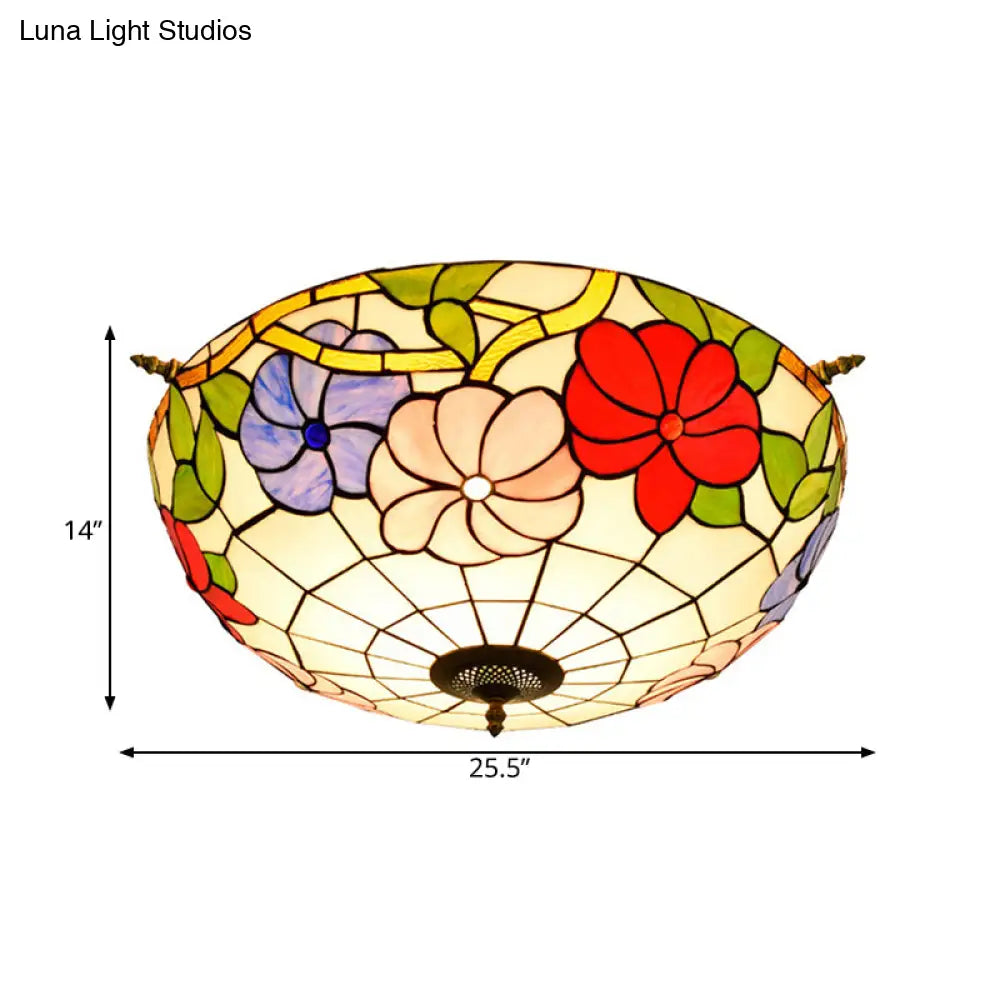 Colorful Stained Glass Flower Ceiling Fixture With 5 Tiffany Style Lights - Pink/Yellow/Blue Semi