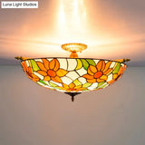 Colorful Stained Glass Flower Ceiling Fixture With 5 Tiffany Style Lights - Pink/Yellow/Blue Semi