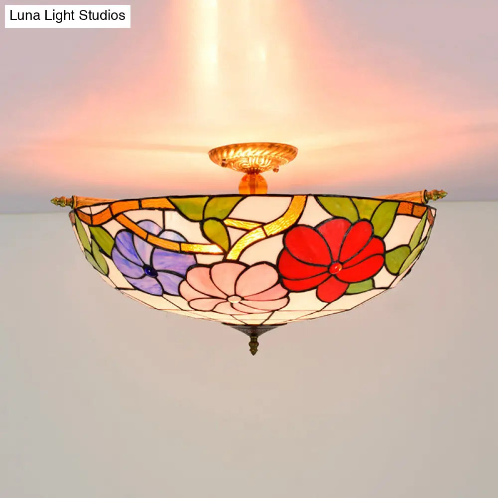 Colorful Stained Glass Flower Ceiling Fixture With 5 Tiffany Style Lights - Pink/Yellow/Blue Semi