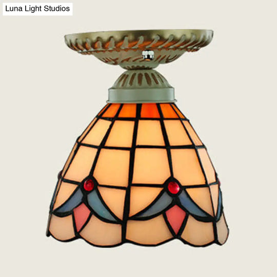 Colorful Stained Glass Flush Mount Ceiling Light With Tiffany-Inspired Sunflower Peacock Tail And
