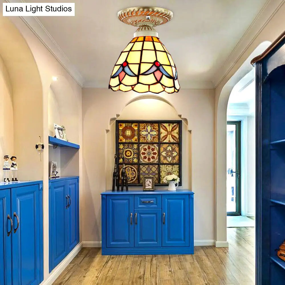 Colorful Stained Glass Flush Mount Ceiling Light With Tiffany-Inspired Sunflower Peacock Tail And
