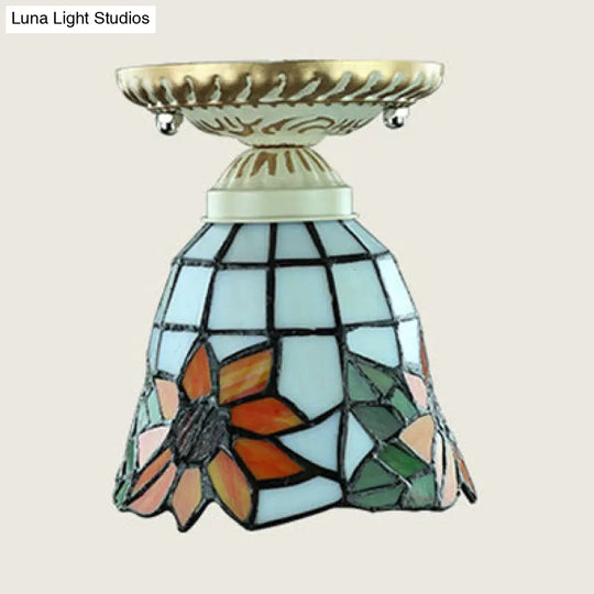Colorful Stained Glass Flush Mount Ceiling Light With Tiffany-Inspired Sunflower Peacock Tail And