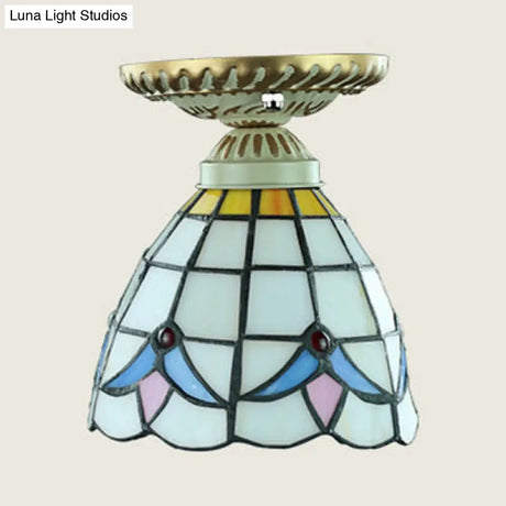 Colorful Stained Glass Flush Mount Ceiling Light With Tiffany-Inspired Sunflower Peacock Tail And