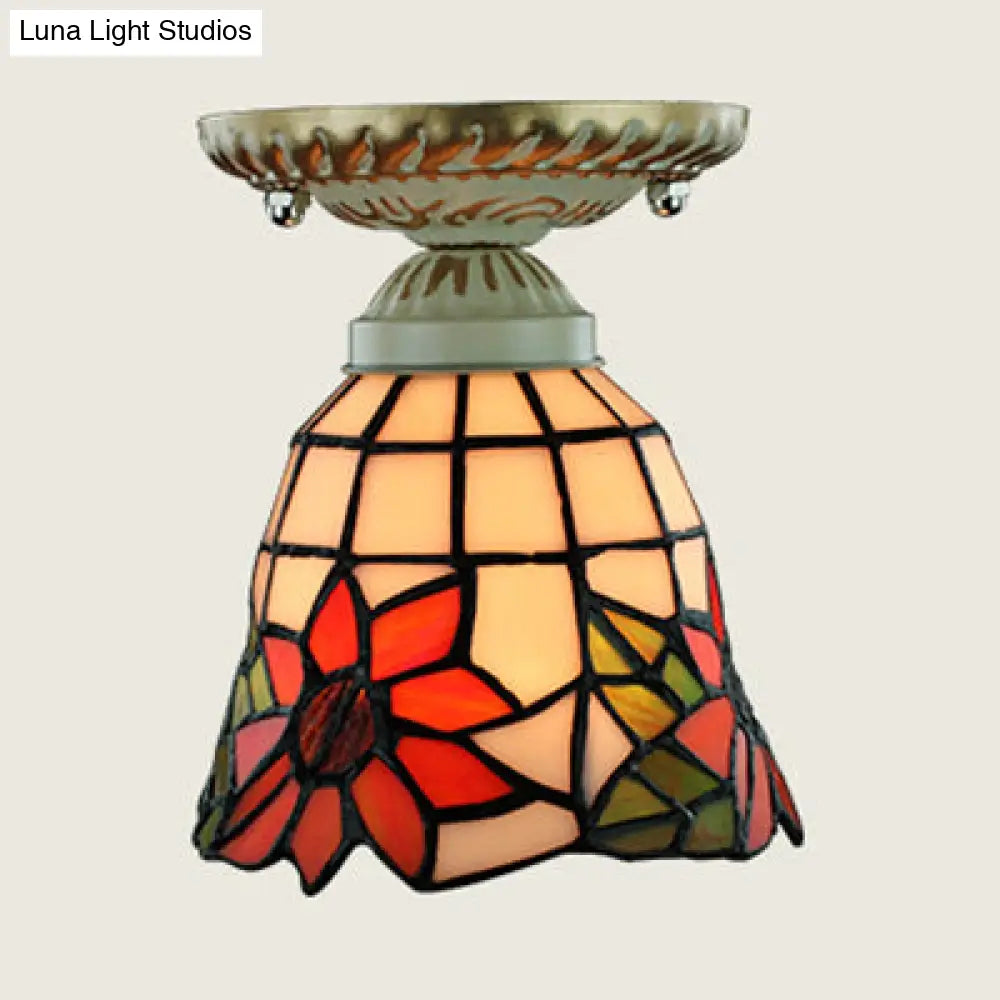 Colorful Stained Glass Flush Mount Ceiling Light With Tiffany-Inspired Sunflower Peacock Tail And