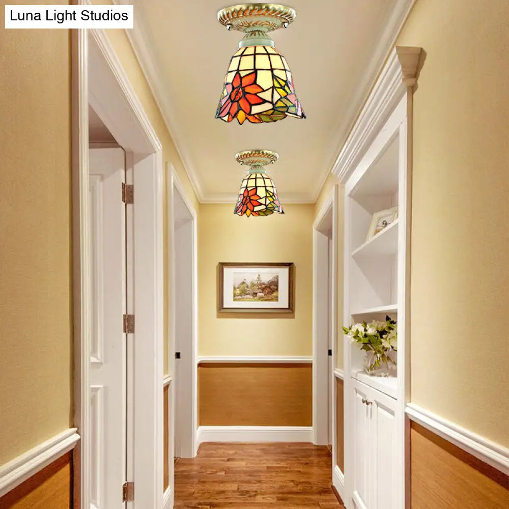Colorful Stained Glass Flush Mount Ceiling Light With Tiffany-Inspired Sunflower Peacock Tail And