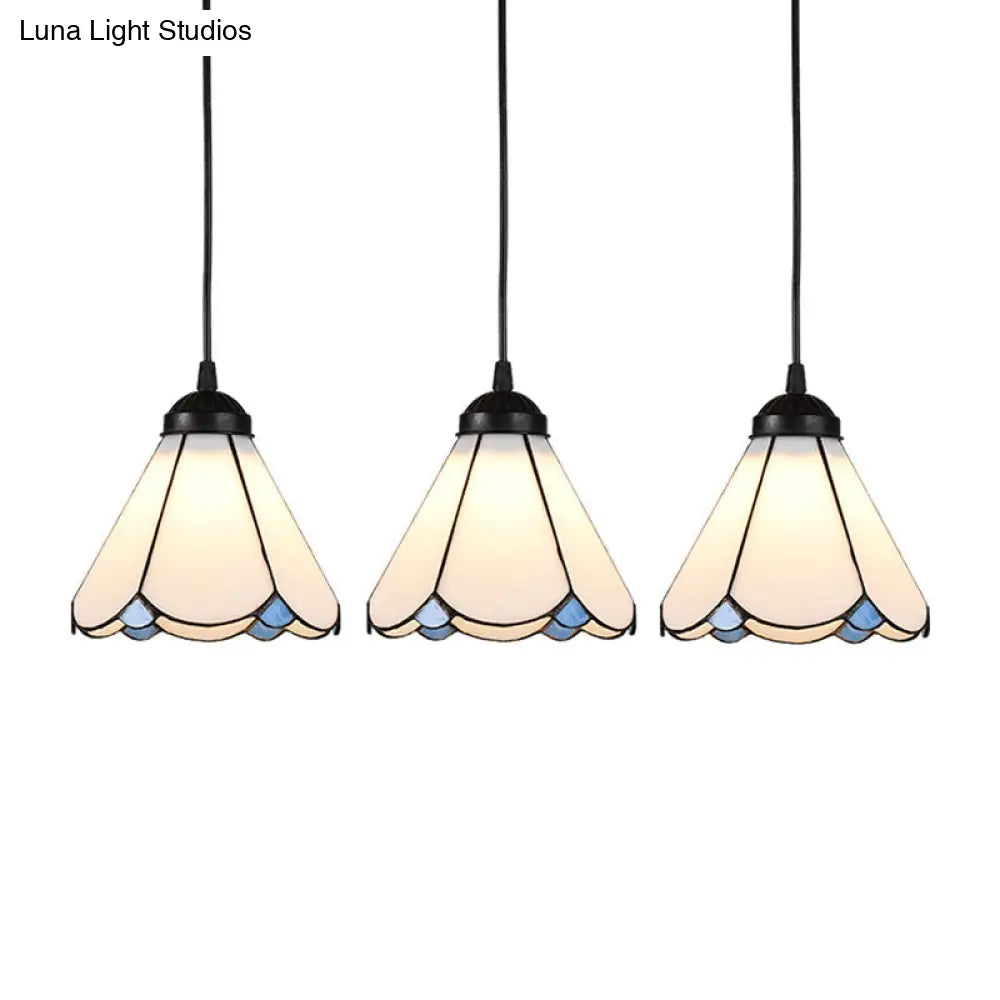 Cone Multi Ceiling Light - 3 Bulbs White Glass Tiffany Style Suspension Lighting