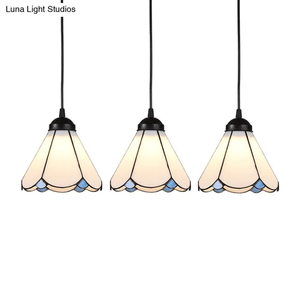 Cone Multi Ceiling Light With Scalloped Edge - Tiffany Style Suspension Lighting (3 Bulbs White