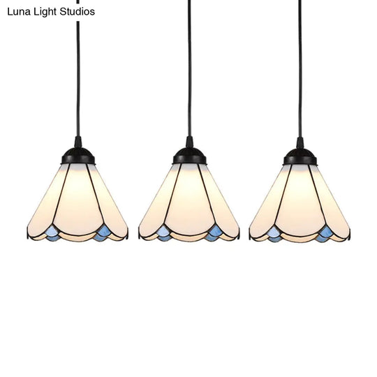Cone Multi Ceiling Light With Scalloped Edge - Tiffany Style Suspension Lighting (3 Bulbs White
