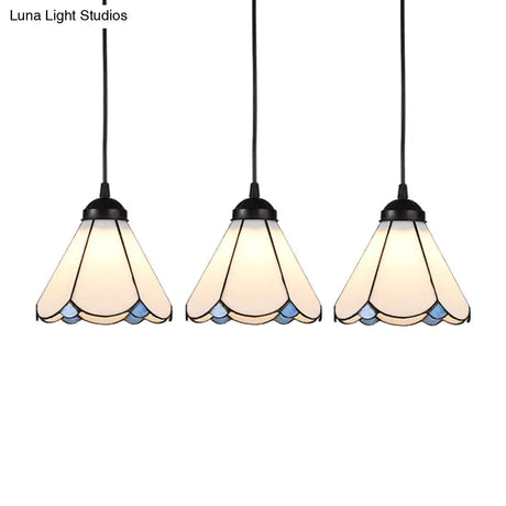 Cone Multi Ceiling Light With Scalloped Edge - Tiffany Style Suspension Lighting (3 Bulbs White