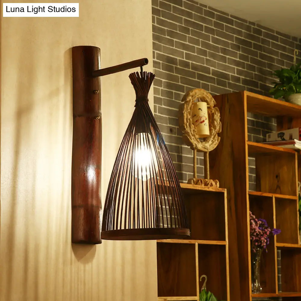 Conic Bamboo Wall Lamp - Dark Brown 1 Head Mounted Light For Kitchen