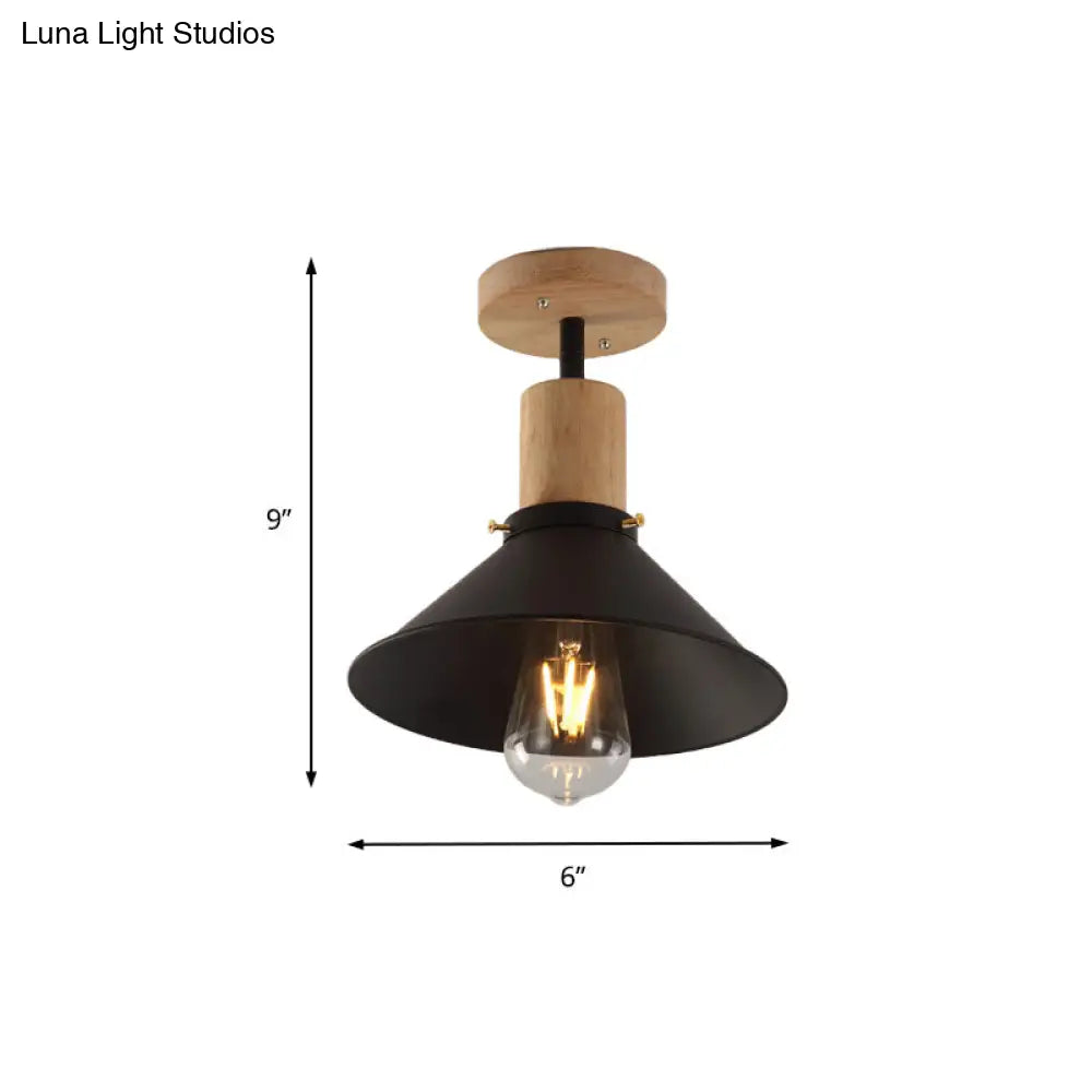 Conic Metal Semi-Flush Mount Foyer Ceiling Light With Wooden Canopy - Loft Style 1 Bulb 8’/10’