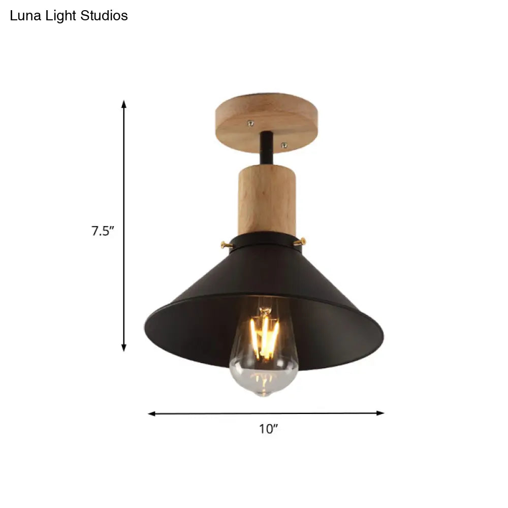 Conic Metal Semi-Flush Mount Foyer Ceiling Light With Wooden Canopy - Loft Style 1 Bulb 8/10 Wide