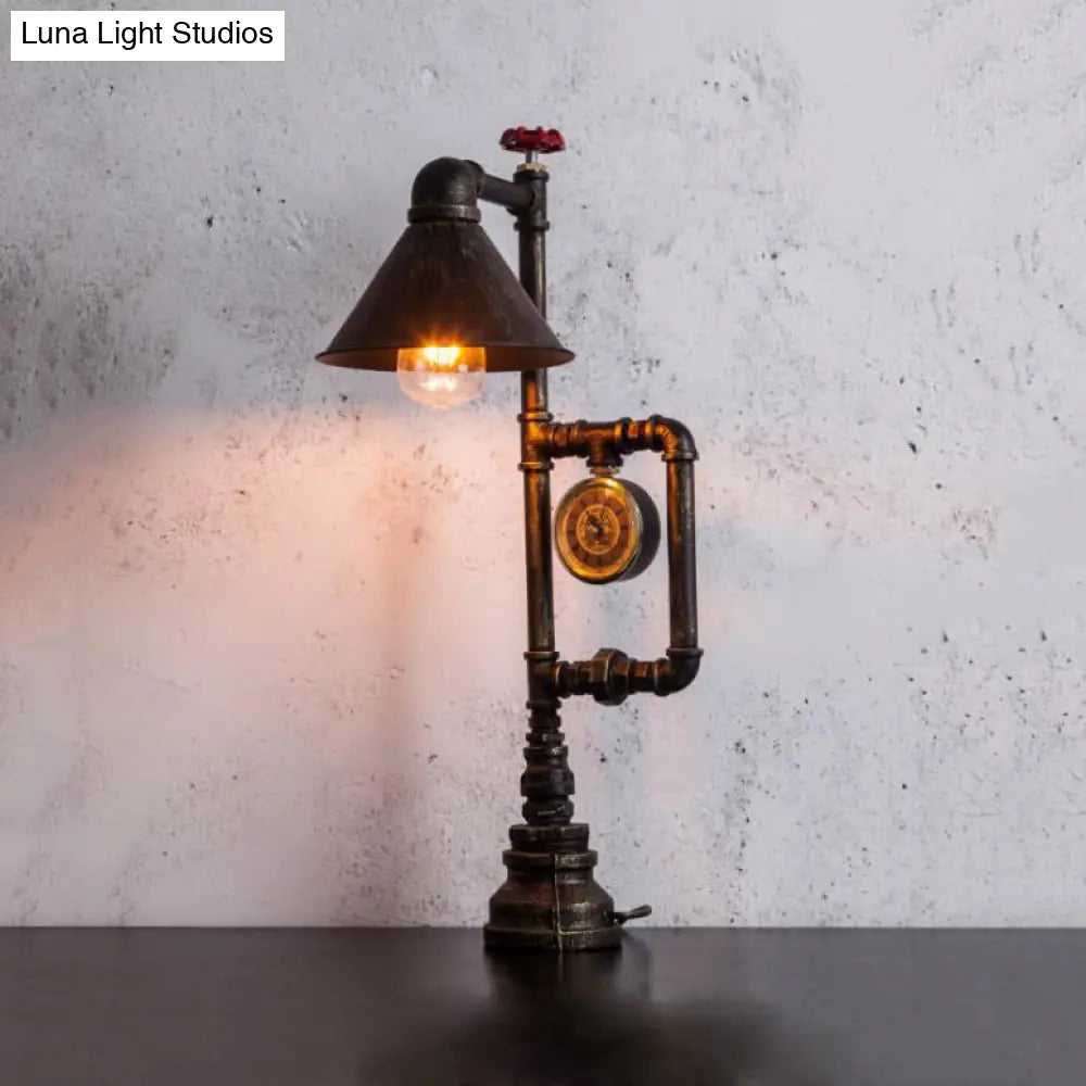 Conic Metal Shade Table Lamp - Industrial Style 1 Light Red Valve And Clock Deco Bronze