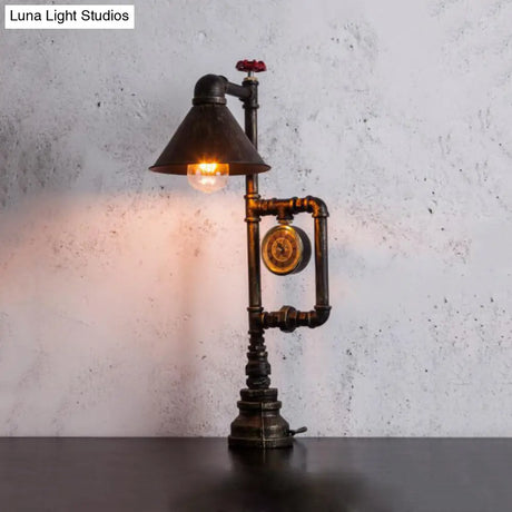 Conic Metal Shade Table Lamp - Industrial Style 1 Light Red Valve And Clock Deco Bronze