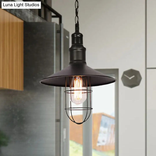 Conic Shade Suspension Light With Wire Guard - Nautical Black Pendant Lighting