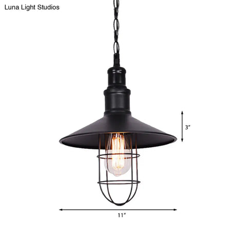 Conic Shade Suspension Light With Wire Guard - Nautical Black Metal Pendant Lighting For Indoor Use