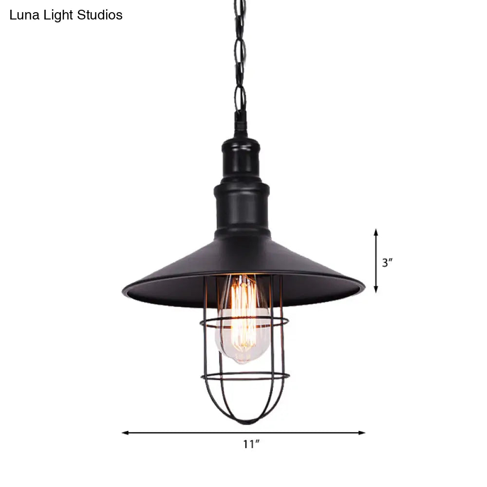 Conic Shade Suspension Light With Wire Guard - Nautical Black Metal Pendant Lighting For Indoor Use
