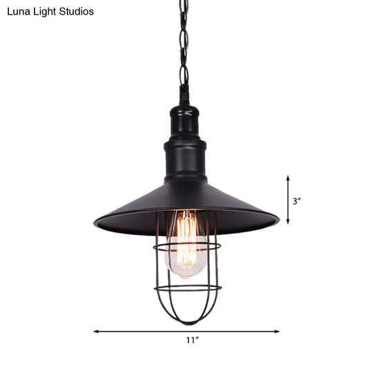 Conic Shade Suspension Light With Wire Guard - Nautical Black Metal Pendant Lighting For Indoor Use