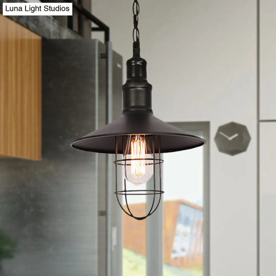 Conic Shade Suspension Light With Wire Guard - Nautical Black Metal Pendant Lighting For Indoor Use