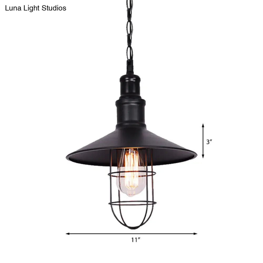 Conic Shade Suspension Light With Wire Guard - Nautical Black Pendant Lighting