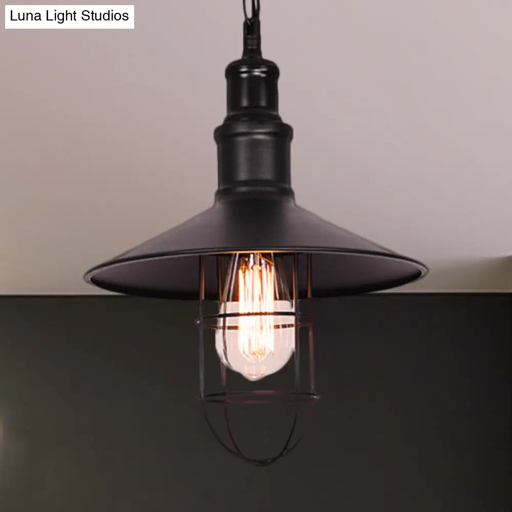Conic Shade Suspension Light With Wire Guard - Nautical Black Metal Pendant Lighting For Indoor Use