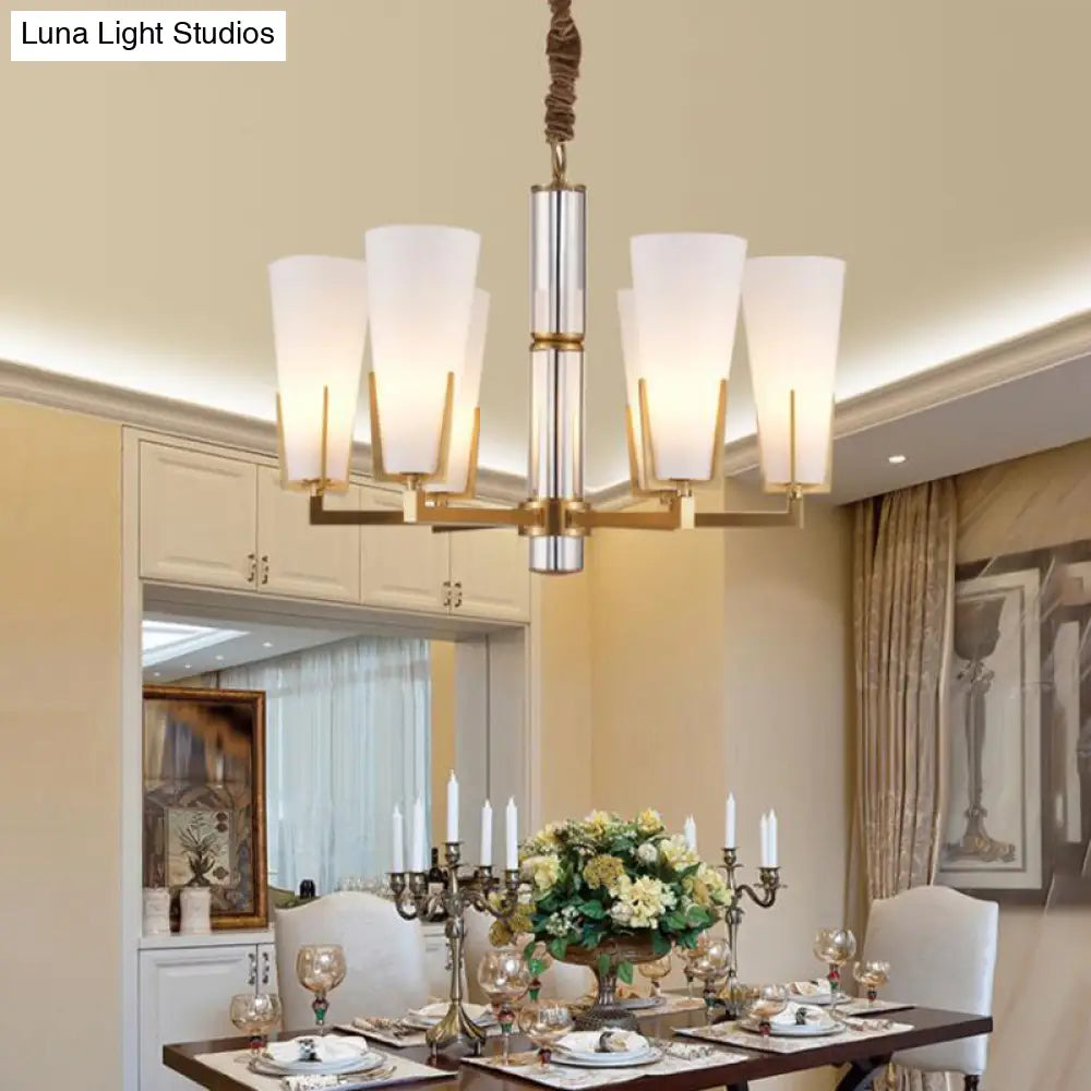 Conical Chandelier With White Opal Glass Pendant - 6/8 Heads Colonial Style Living Room Lighting