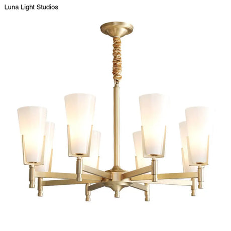 Conical Chandelier With White Opal Glass Pendant - 6/8 Heads Colonial Style Living Room Lighting