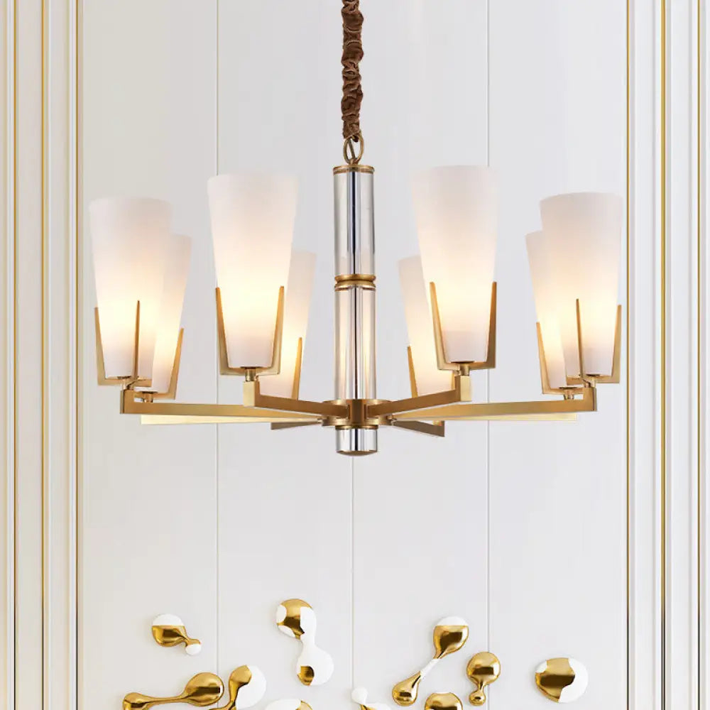 Conical Chandelier With White Opal Glass Pendant - 6/8 Heads Colonial Style Living Room Lighting
