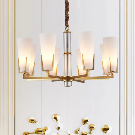 Conical Chandelier With White Opal Glass Pendant - 6/8 Heads Colonial Style Living Room Lighting