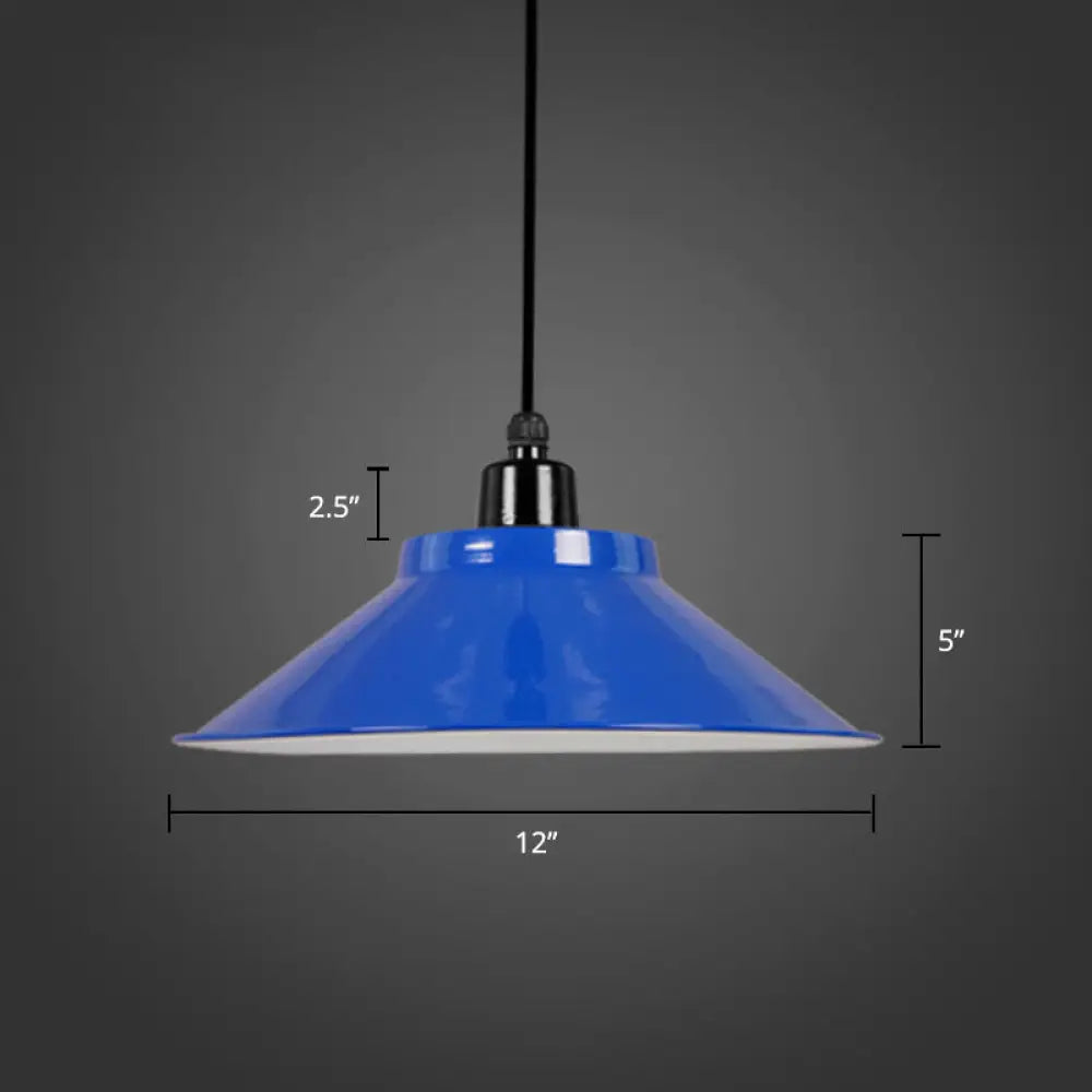 Conical Metal Hanging Light With Rolled Edge - 1-Light Ceiling Suspension Lamp For Loft Décor Blue