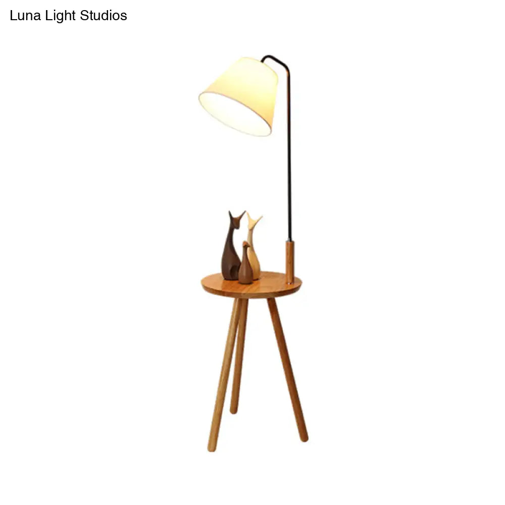 Conical Nordic Floor Lamp With Wood 3-Leg Stand And Table - Fabric Shade