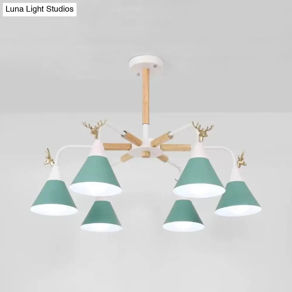 Conical Pendant Light With Antlers: Metal Design 6 Lights For Dining Room Or Kitchen