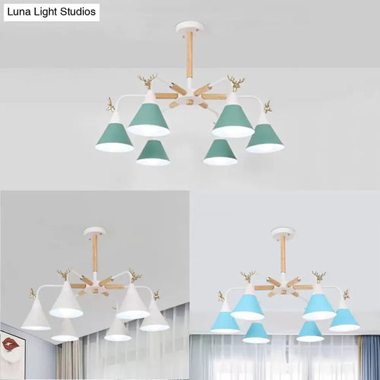 Conical Pendant Light With Antlers: Metal Design 6 Lights For Dining Room Or Kitchen