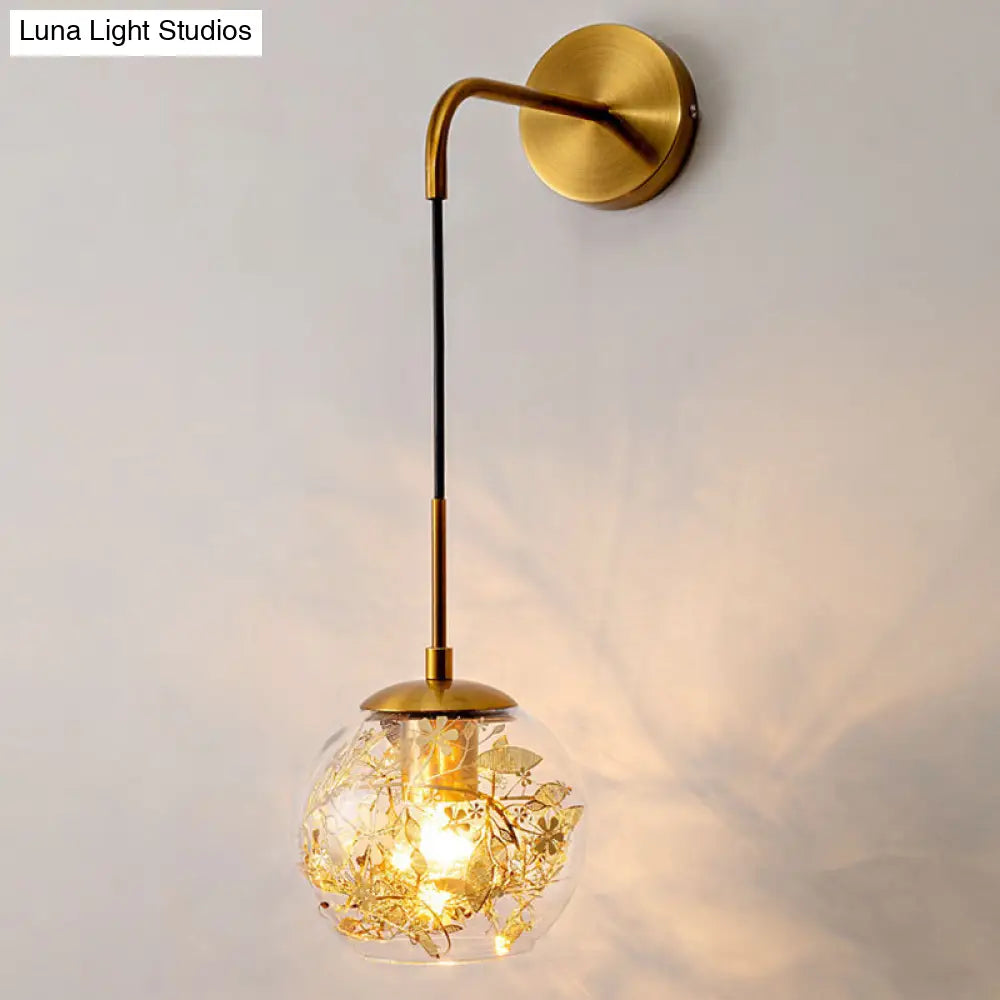 Contemporary 1-Light Clear Glass Bubble Wall Lamp With Foil Flower Decor