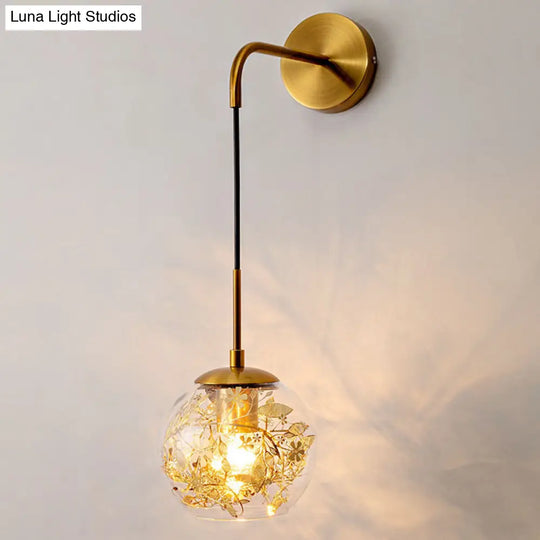 Contemporary 1-Light Clear Glass Bubble Wall Lamp With Foil Flower Decor