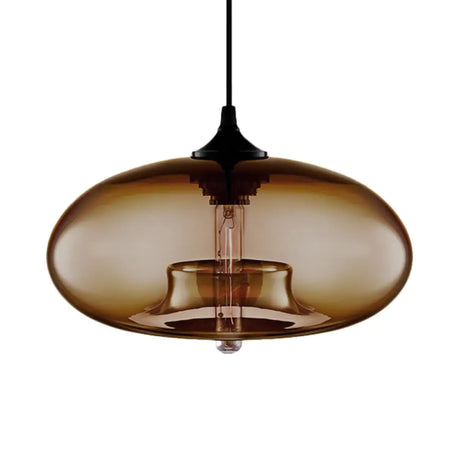 Contemporary 1-Light Hanging Ceiling Lamp With Oval Glass Shade In Red/Brown/Blue Brown
