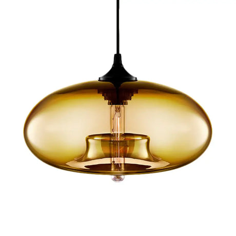 Contemporary 1-Light Hanging Ceiling Lamp With Oval Glass Shade In Red/Brown/Blue Amber