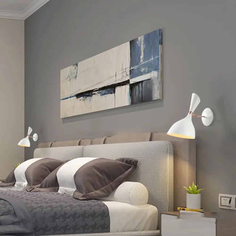 Contemporary 1-Light Wall Mounted Funnel Sconce With Metal Shade For Bedside White