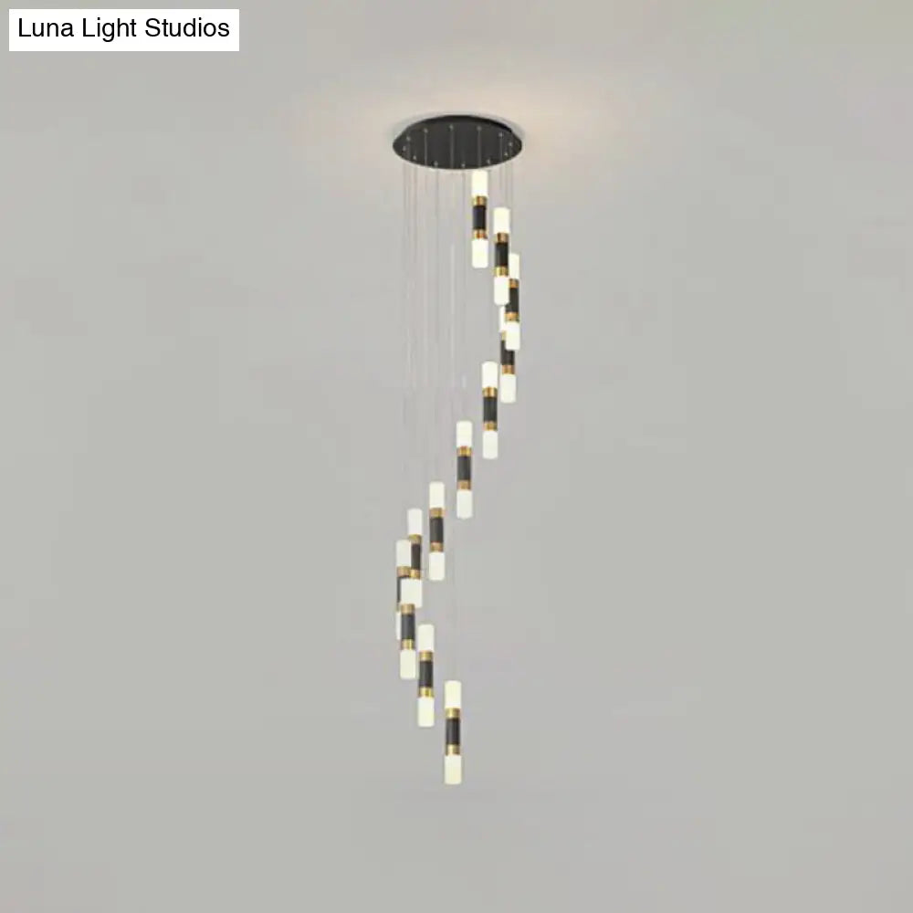 Contemporary Metal Tubular 12-Head Pendant Light Fixture In Black And White With Spiral Design