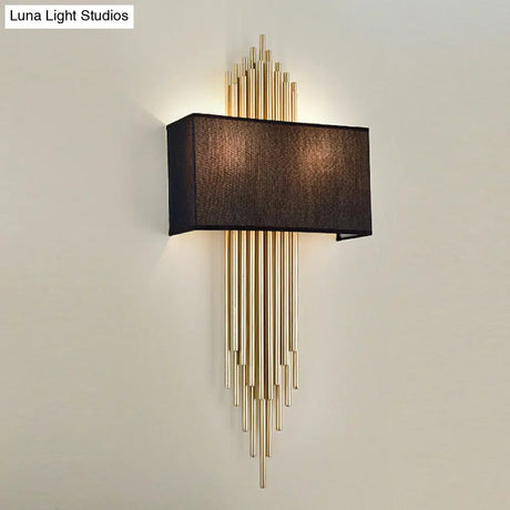 Contemporary 2-Head Fabric Shade Wall Sconce - Modern Rectangle Design In Black/White/Flaxen Ideal