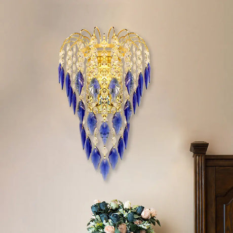 Contemporary 2-Light Brass Finish Wall Lamp With Tan/Blue Crystal Shade Blue