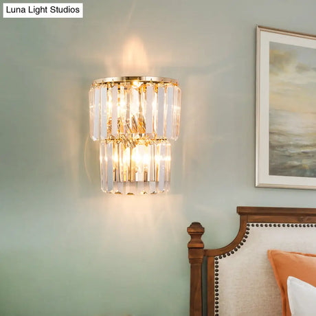 Contemporary 2-Light Crystal Block Wall Lamp: Elegant Clear Sconce For Dining Room