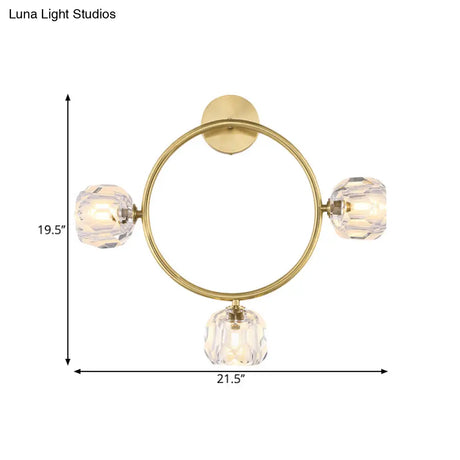 Contemporary 3-Head Brass Wall Sconce With Modo Crystal Shade - Ring/Square Light Fixture